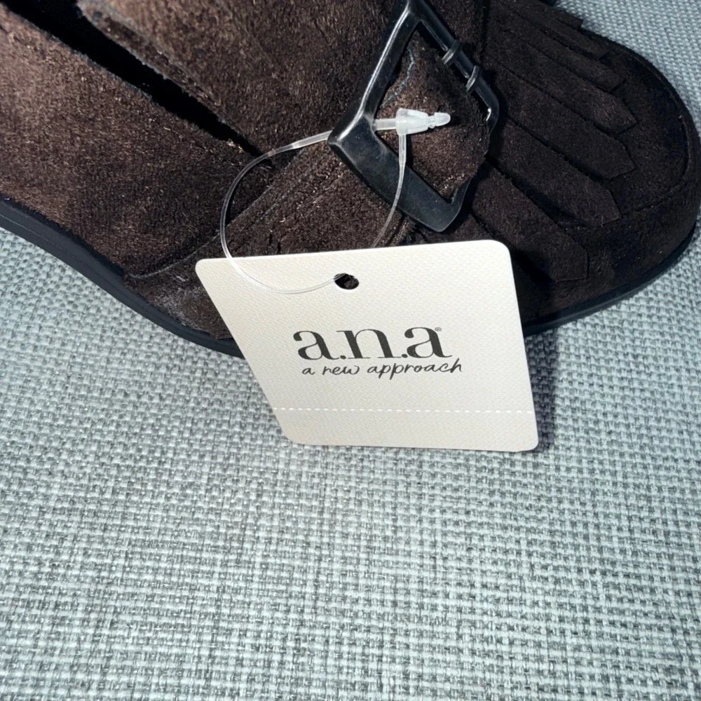 ANA Faxon Chocolate Brown Faux Suede Kiltie Fringe Block Heel Loafers Womens 10M